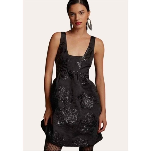 Maeve Anthropologie Black Sleevless Metallic Jacquard Mini Dress 10 MSRP $180. - Picture 1 of 7